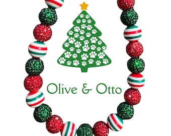 Candy Cane Beaded Dog Collar | Christmas Rhinestone Pet Necklace