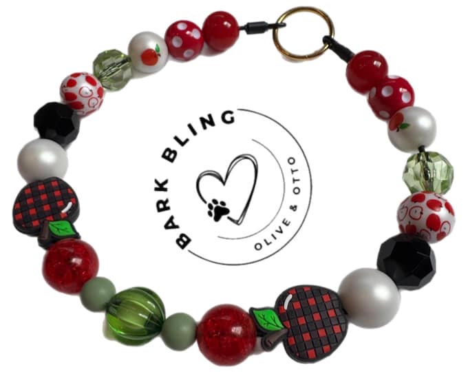 Apple Orchard Dog Collar: Red & Green Beaded Buffalo Plaid, Farmhouse Fall