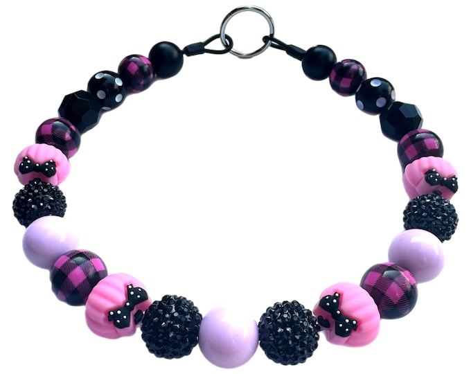 Pink Plaid Pumpkin Beaded Dog Collar: Halloween Fall Pet Necklace