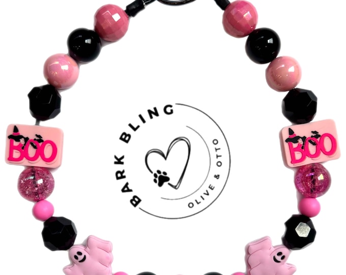 Pink Ghost Dog Collar: Halloween Beaded Pet Collar with BOO Charms