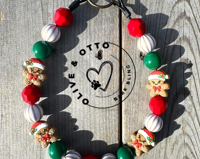 Gingerbread Santa Christmas Beaded Dog Collar – Red, Green & Gold Bubblegum Bead Collar | Holiday Accessory