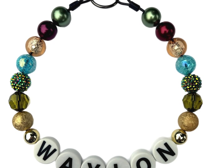 Personalized Beaded Dog Collar: Jewel Tones, Gold Accents, Custom Name