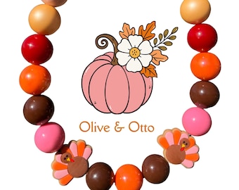 Girls Thanksgiving Dog Collar – Beaded Pet Necklace with Turkey Charms