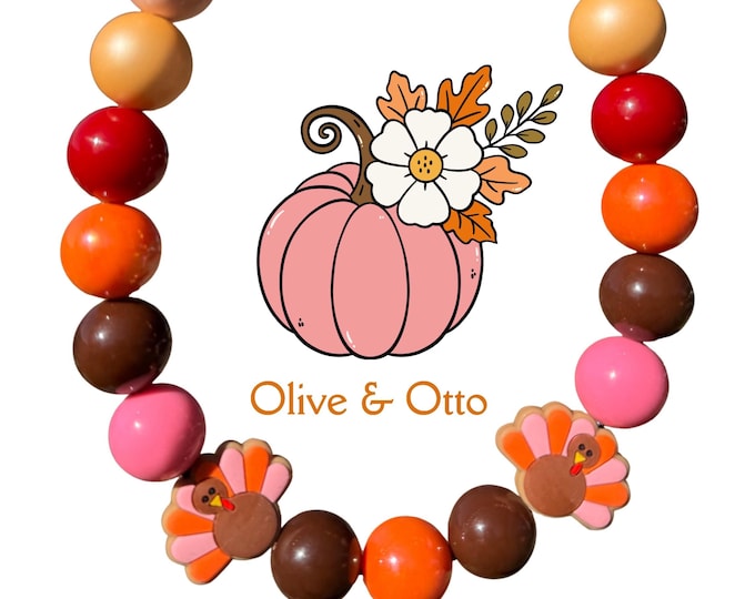 Girls Thanksgiving Dog Collar – Beaded Pet Necklace with Turkey Charms