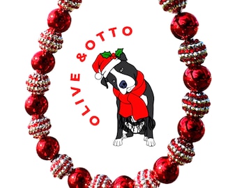 Rudolph’s Red Nose Reindeer Rhinestone Beaded Dog Collar - Christmas Holiday Pet Jewelry
