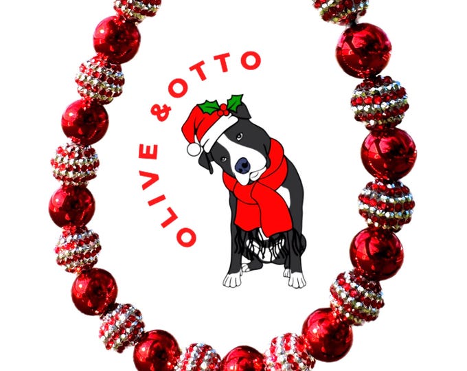 Rudolph’s Red Nose Reindeer Rhinestone Beaded Dog Collar - Christmas Holiday Pet Jewelry