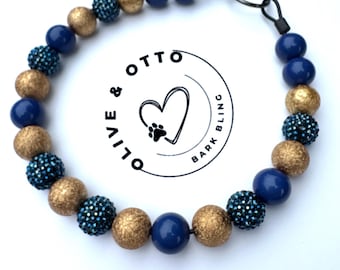 Personalized Navy Beaded Dog Collar: Rhinestone Sparkle Pet Necklace
