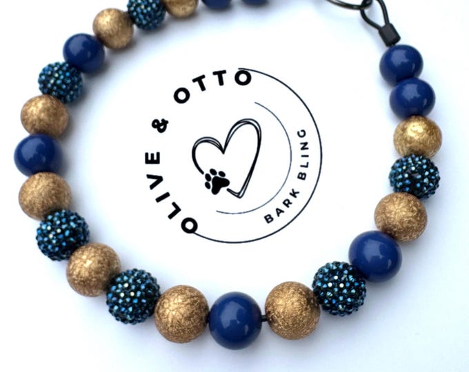 Personalized Navy Beaded Dog Collar: Rhinestone Sparkle Pet Necklace