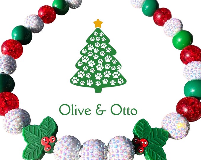 Holly Jolly Christmas Beaded Dog Collar - Christmas Holiday Pet Jewelry - fancy Holiday necklace