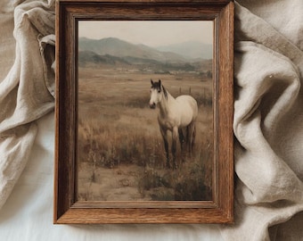Vintage Horse Landscape Wall Art Printable, Western Ranch Decor, Neutral Farm Animal Print, Cowboy Aesthetic Painting, Digital Download #SS1