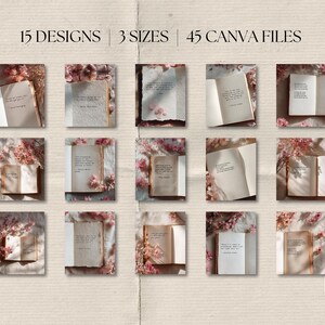 Pu&ograve; includere: Una collezione di 15 design in 3 dimensioni, con 45 file Canva. Ogni design presenta un libro aperto con testo, circondato da fiori. L'estetica generale &egrave; vintage e romantica, con una palette di colori tenui.