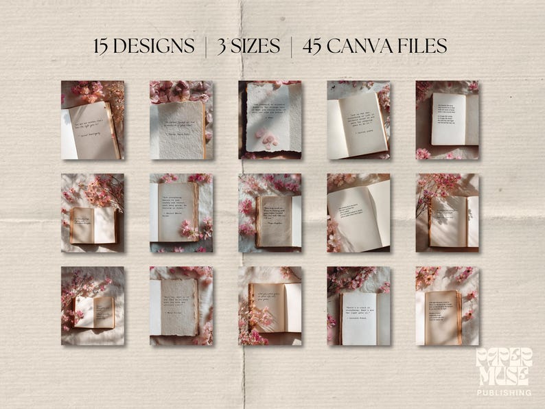 Pu&ograve; includere: Una collezione di 15 design in 3 dimensioni, con 45 file Canva. Ogni design presenta un libro aperto con testo, circondato da fiori. L'estetica generale &egrave; vintage e romantica, con una palette di colori tenui.