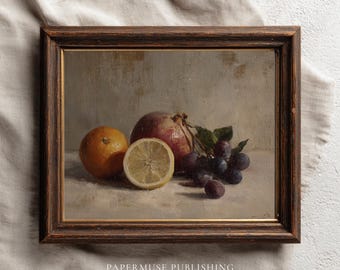 Pintura vintage de natureza morta com frutas, decoração de parede estilo velho mundo, arte de cozinha estilo academia sombria, estilo de pintura a óleo antiga, download digital | #6