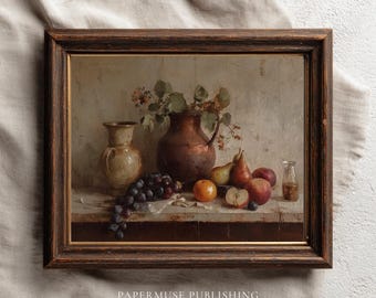 Pintura vintage de natureza morta com frutas, decoração de parede estilo velho mundo, arte de cozinha estilo academia sombria, estilo de pintura a óleo antiga, download digital | #4