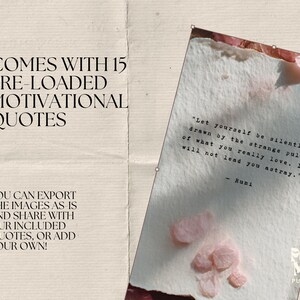 Pu&ograve; includere: Sfondo beige con testo che recita "COMES WITH 15 PRE-LOADED MOTIVATIONAL QUOTES". Una citazione di Rumi &egrave; visualizzata su un pezzo di carta con petali di fiori rosa. Il testo recita: "Lasciati attrarre silenziosamente dalla strana attrazione di ci&ograve; che ami veramente. Non ti porter&agrave; fuori strada."