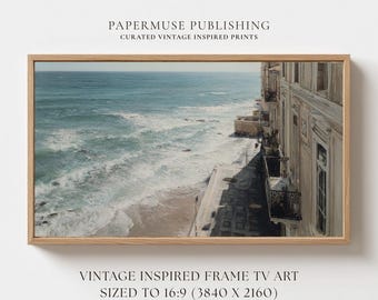 Coastal Cliffside Ocean Frame TV Art, European Seaside Painting, Mediterranean Beach Scene Digital Download 16:9 #CS26