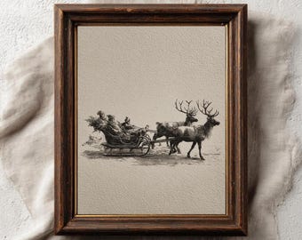 May include: A framed vintage print featuring a black and white illustration of a horse-drawn sleigh with passengers and reindeer. The print has a textured background and is set in a dark brown wooden frame. The text "PAPERMUSE PUBLISHING" is at the bottom.