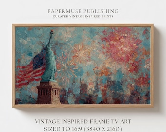 Statue of Liberty Frame TV Art, Patriotic Fireworks Painting, Vintage Americana Samsung Frame TV Art, Independence Day Decor 16:9 #US15