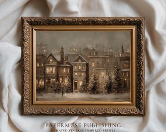 May include: A framed print of a vintage-style cityscape in winter. The artwork shows houses and trees lit up at dusk, with a muted, sepia-toned backdrop. The frame has an ornate gold finish. The text "PAPERMUSE PUBLISHING" is at the bottom of the print.