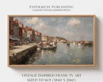 European Harbor Wall Art for Samsung Frame TV, Vintage Coastal Town Painting, Mediterranean Port Scene, 16:9 Digital Download #CS21