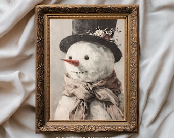 Impresión de muñeco de nieve antiguo, pintura vintage, arte mural invernal, decoración navideña neutra, estilo rústico, descarga digital