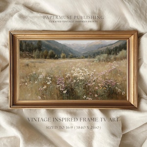 Wildflower meadow frame tv art, mountain landscape samsung frame tv, floral meadow tv artwork, cottagecore frame tv art, neutral landscape frame tv, wildflower field painting download, rustic nature tv art, european countryside wall art tv, meadow floral samsung frame art, organic modern frame tv, painterly landscape tv art, nature inspired frame tv, spring meadow wall art, neutral floral landscape art, vintage style landscape frame tv, serene mountain meadow art, calm nature tv artwork