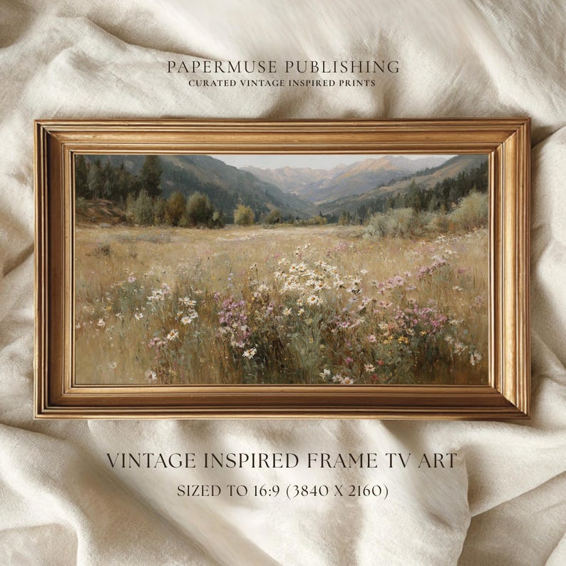 Wildflower meadow frame tv art, mountain landscape samsung frame tv, floral meadow tv artwork, cottagecore frame tv art, neutral landscape frame tv, wildflower field painting download, rustic nature tv art, european countryside wall art tv, meadow floral samsung frame art, organic modern frame tv, painterly landscape tv art, nature inspired frame tv, spring meadow wall art, neutral floral landscape art, vintage style landscape frame tv, serene mountain meadow art, calm nature tv artwork