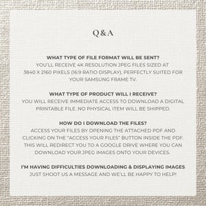 May include: A cream-colored background with the text "Q&A" at the top. The text provides information about the file format, product type, and how to download files. It also offers assistance for download issues.