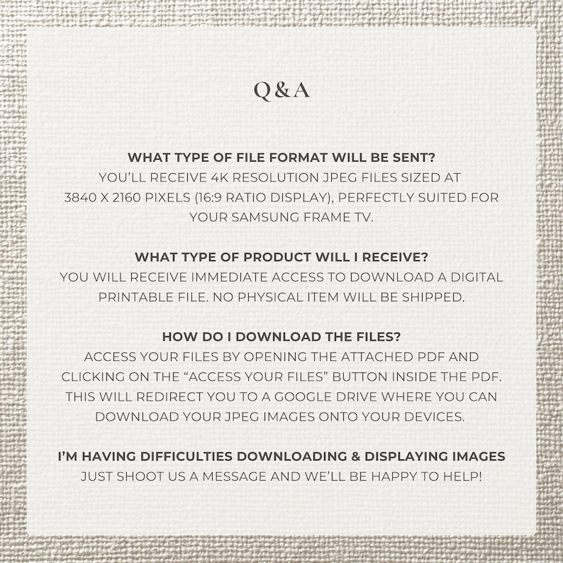 May include: A cream-colored background with the text "Q&A" at the top. The text provides information about the file format, product type, and how to download files. It also offers assistance for download issues.