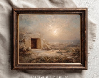 Empty Tomb of Jesus Print, Catholic Easter Wall Art, He Is Risen Artwork, Resurrection Scene, Christian Printable, Bible Art Decor #E19