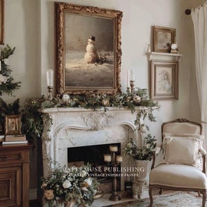 May include: A vintage-inspired interior scene featuring a marble fireplace adorned with greenery, candles, and floral arrangements. A framed painting of a snowman hangs above the mantel. A decorative chair and side table complete the elegant, cozy aesthetic.