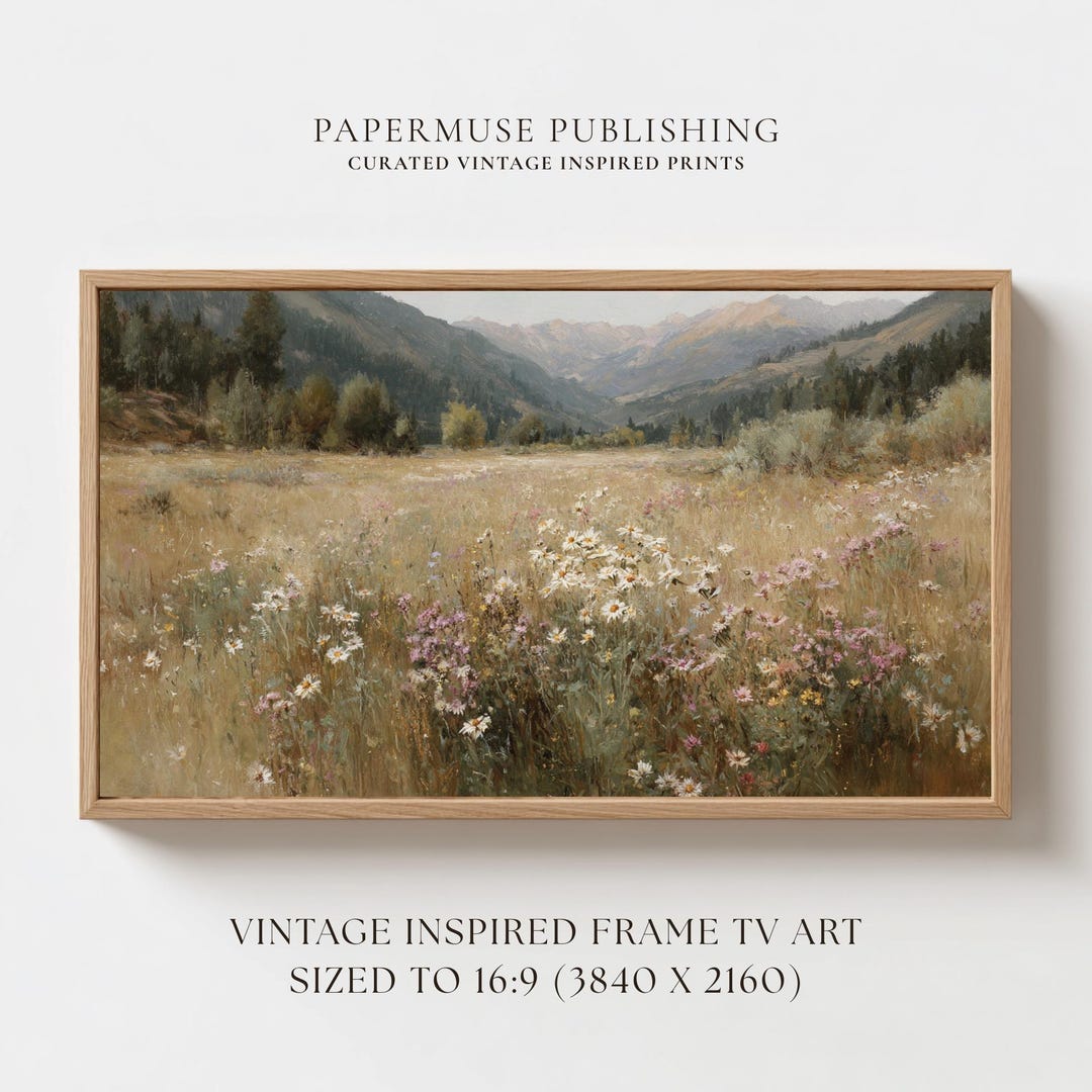 Wildflower Meadow Frame TV Art, Mountain Landscape Floral Painting, Neutral Cottagecore Sa
