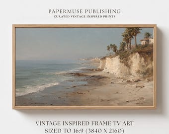 California Coastal Cliff Frame TV Art, Ocean Shoreline Painting, Vintage Beach Landscape Wall Art Digital Download 16:9 #CS36