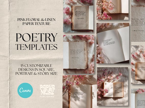 Pink Floral & Linen Paper Texture Poetry Quote Canva Templates for Poets Writers Artists Authors | Instagram Posts and Stories Neutral Tones