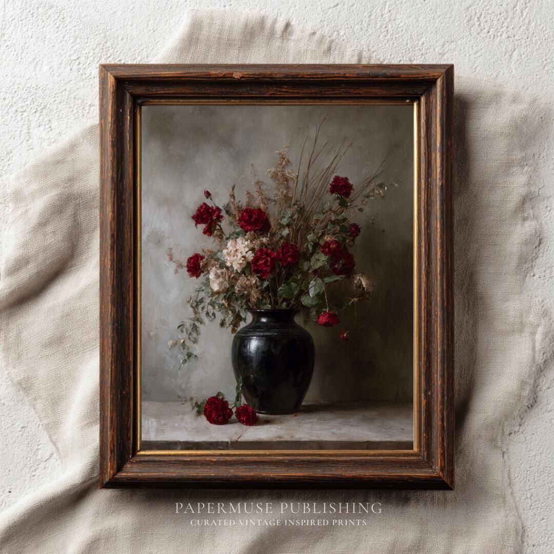 Moody Rose Still Life Wall Art, Dark Floral Vase Painting, Vintage ...