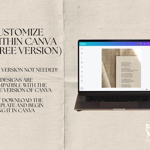 May include: A laptop displays a Canva design template with text: "Customize Within Canva (Free Version)." The text on the left side of the image reads: "Pro Version Not Needed!" and "Just Download the Template and Begin Using it in Canva."