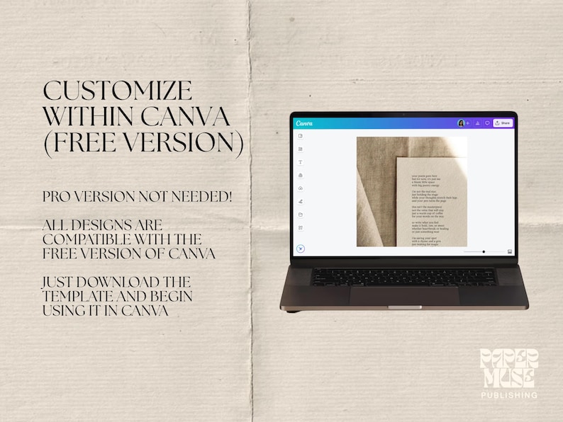 May include: A laptop displays a Canva design template with text: "Customize Within Canva (Free Version)." The text on the left side of the image reads: "Pro Version Not Needed!" and "Just Download the Template and Begin Using it in Canva."