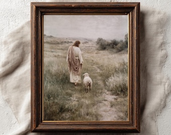 Jesus Walking with Lamb Print, Good Shepherd Wall Art, Vintage Christian Printable, Cottagecore Church Decor, Leaving the 99 Bible Verse