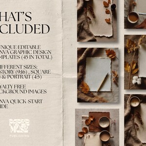 May include: An aesthetic digital design template set with a neutral color palette. The image includes several styled stock photos with blank paper, autumn leaves, and coffee cups. Text on the left reads "WHAT'S INCLUDED" and lists the features.