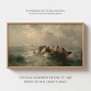 May include: A framed vintage-inspired print showing a boat with people in rough seas under a cloudy sky. The artwork uses a palette of grey, brown, and white. The frame is made of light wood. The text at the top says "PAPERMUSE PUBLISHING" and at the bottom "VINTAGE INSPIRED FRAME TV ART".