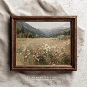Lente wilde bloemen weide kunst aan de muur, zachte landschapsschilderkunst, neutrale botanische afdrukbare kunst, Cottagecore natuur decor, digitale download #S1