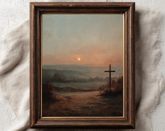 Sunset Cross Landscape Print, Catholic Wall Art, Christian Cross Artwork, Religious Printable, Faith Based Decor, Vintage Jesus Cross #E20