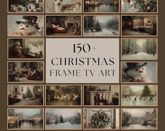 May include: A collection of framed vintage-inspired Christmas art prints. The image features various scenes, including a snowman, a deer, and festive decorations. The text reads "150+ CHRISTMAS FRAME TV ART" and "PAPERMUSE PUBLISHING".