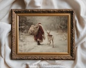 Vintage Santa Claus Print, Rustic Reindeer Wall Art, Antique Christmas Painting, Cozy Winter Scene Décor, Old World Holiday Printable