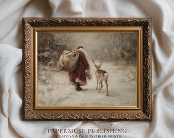 Vintage Santa Claus Print, Rustic Reindeer Wall Art, Antique Christmas Painting, Cozy Winter Scene Décor, Old World Holiday Printable