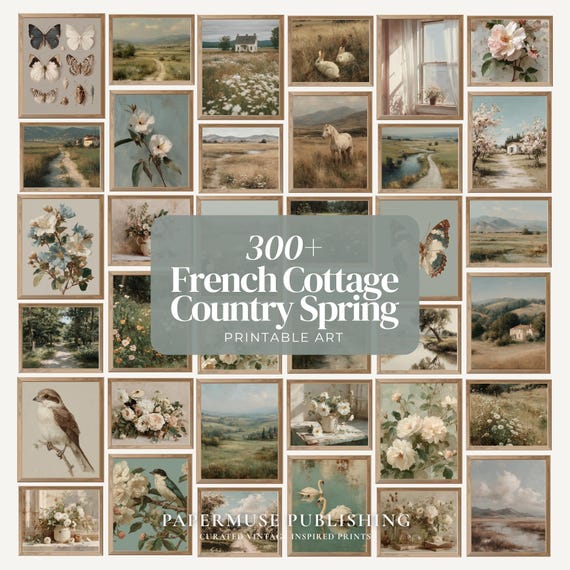 French Cottage Printable Art Set, 300+ Country Spring Prints, Vintage Floral Landscape Wall Art, Soft Neutral Farmhouse Gallery Bundle