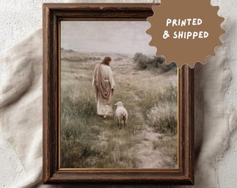 Jesus Walking with Lamb Print, Good Shepherd Wall Art, Vintage Christian Cottagecore Church Decor, Leaving the 99 Bible | PRINTED & SHIPPED
