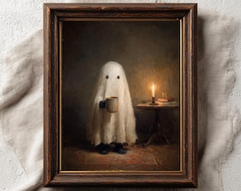 May include: A framed print featuring a ghost holding a mug, with a candle and small table in the background. The ghost is draped in a white sheet with two black eye holes. The frame is dark brown, and the print has a vintage aesthetic.