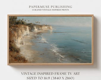 Coastal Cliff Beach Frame TV Art, Ocean Shoreline Painting, Vintage Seaside Landscape Digital Download, Neutral Coastal Wall Art 16:9 #CS35