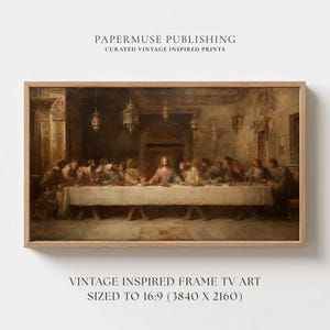 Puede incluir: Una impresión enmarcada de una pintura clásica que representa una escena religiosa con figuras sentadas a una larga mesa. La obra de arte está en tonos cálidos y terrosos, con el texto "PAPERMUSE PUBLISHING CURATED VINTAGE INSPIRED PRINTS" y "VINTAGE INSPIRED FRAME TV ART SIZED TO 16:9 (3840 X 2160)".